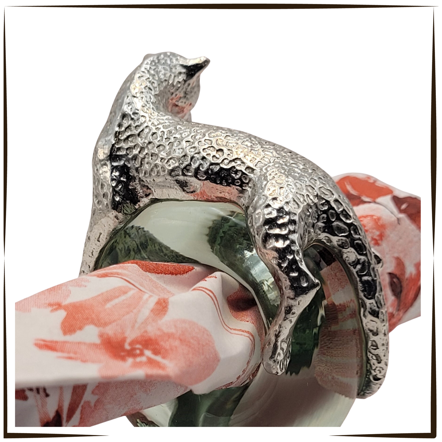 Elegant Recycled Glass and Pewter Napkin Ring - Lazing Leopard