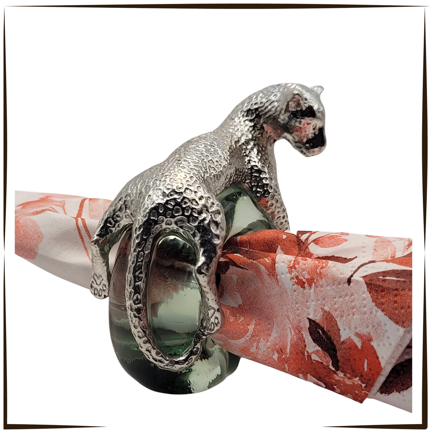 Elegant Recycled Glass and Pewter Napkin Ring - Lazing Leopard