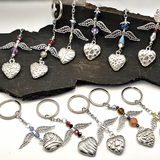 Pewter Keyring - Heart with Angel Wings and Beads