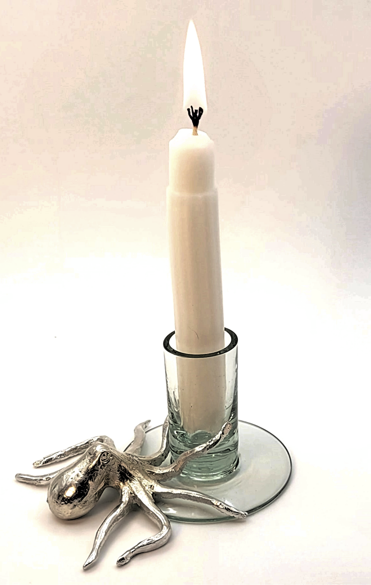 Recycled Glass Candleholder Held By Jellybean the Pewter Octopus