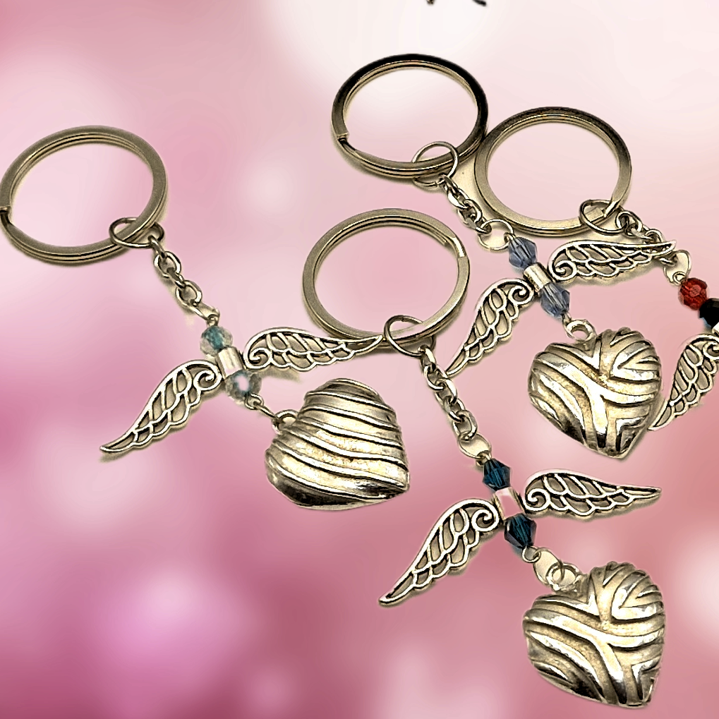 Pewter Keyring - Heart with Angel Wings and Beads