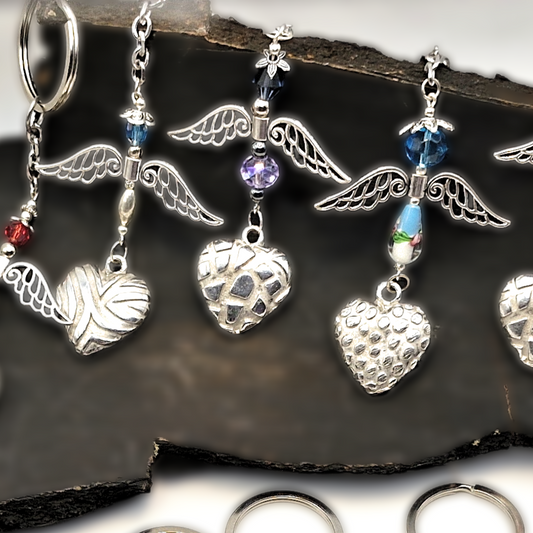 Pewter Keyring - Heart with Angel Wings and Beads