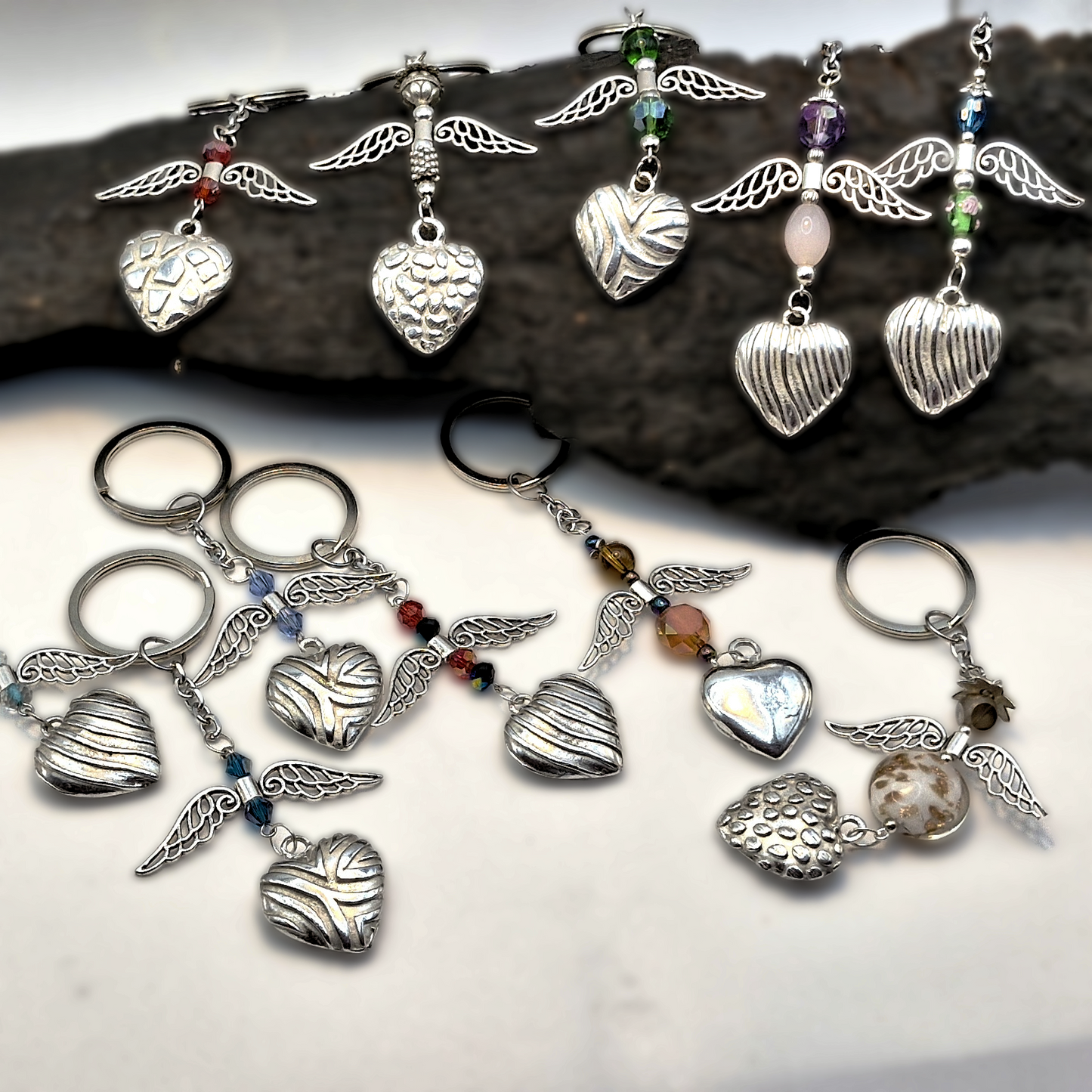 Pewter Keyring - Heart with Angel Wings and Beads