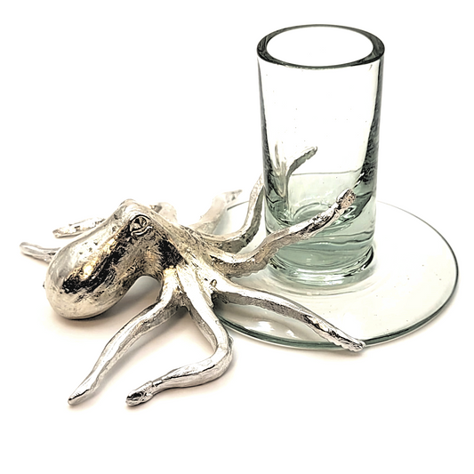 Pewter Octopus Jellybean Holding Recycled Glass Candle Holder
