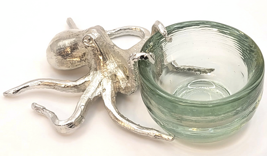 Pewter octopus- holding a recycled glass condiment bowl 